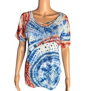 Onque Casual Red White Blue tie dye accented with rhinestones size P Med
